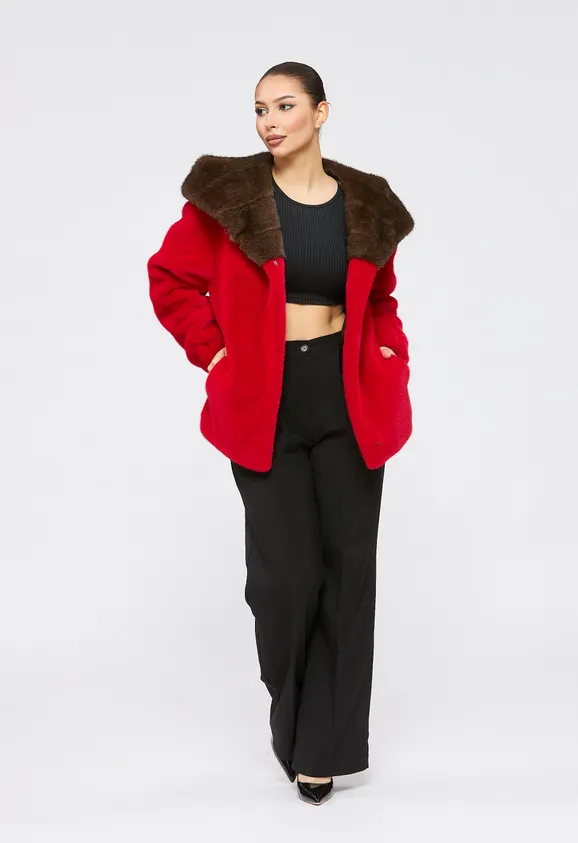 Фото Шуба из эко норки красная с капюшоном - 8