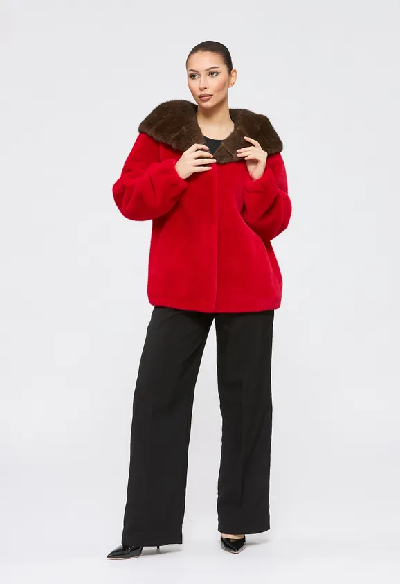 Фото Шуба из эко норки красная с капюшоном - 7