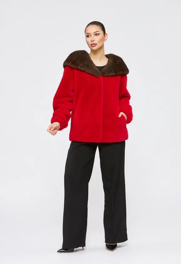 Фото Шуба из эко норки красная с капюшоном - 6