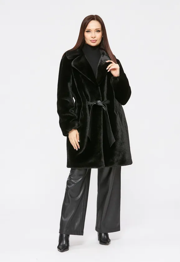 Фото Шуба из эко норки черная с английским воротником - 1