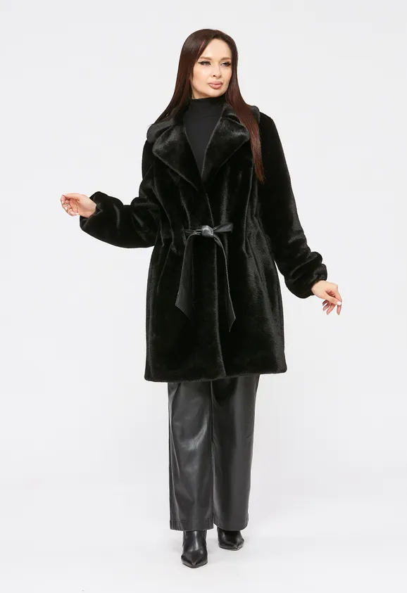 Фото Шуба из эко норки черная с английским воротником - 2