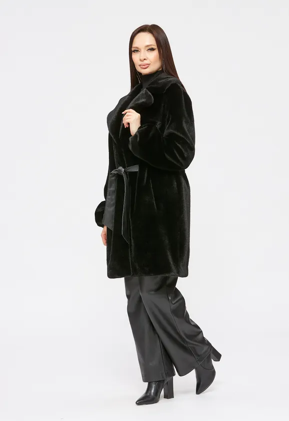 Фото Шуба из эко норки черная с английским воротником - 5