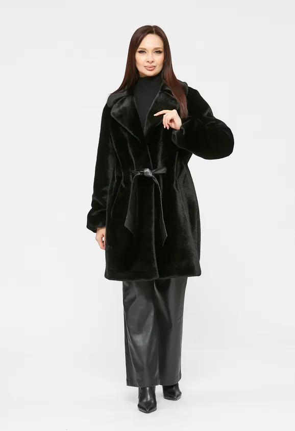 Фото Шуба из эко норки черная с английским воротником - 4