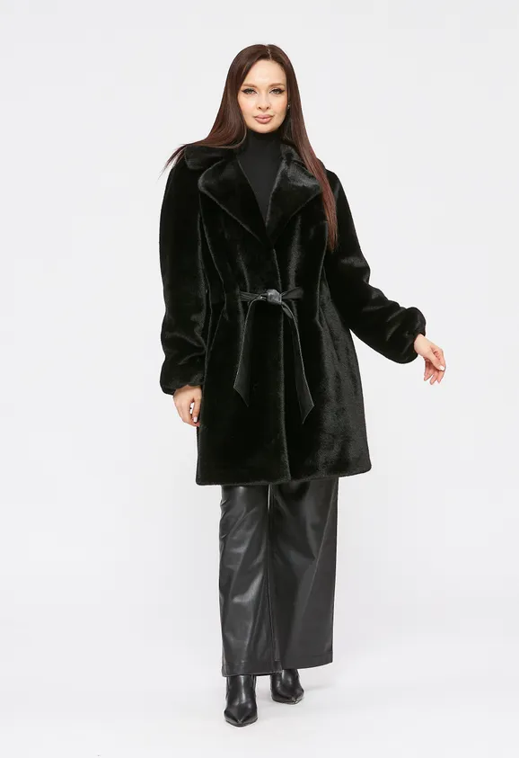 Фото Шуба из эко норки черная с английским воротником - 3