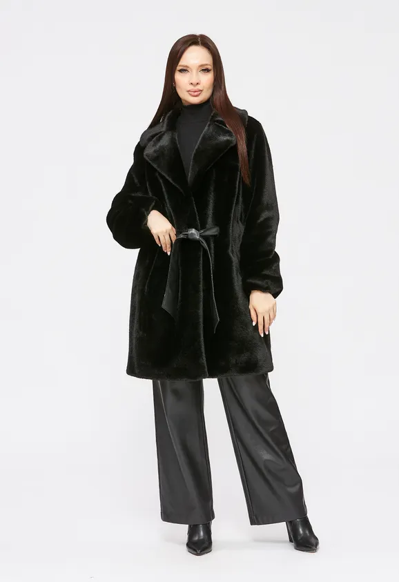 Фото Шуба из эко норки черная с английским воротником - 7