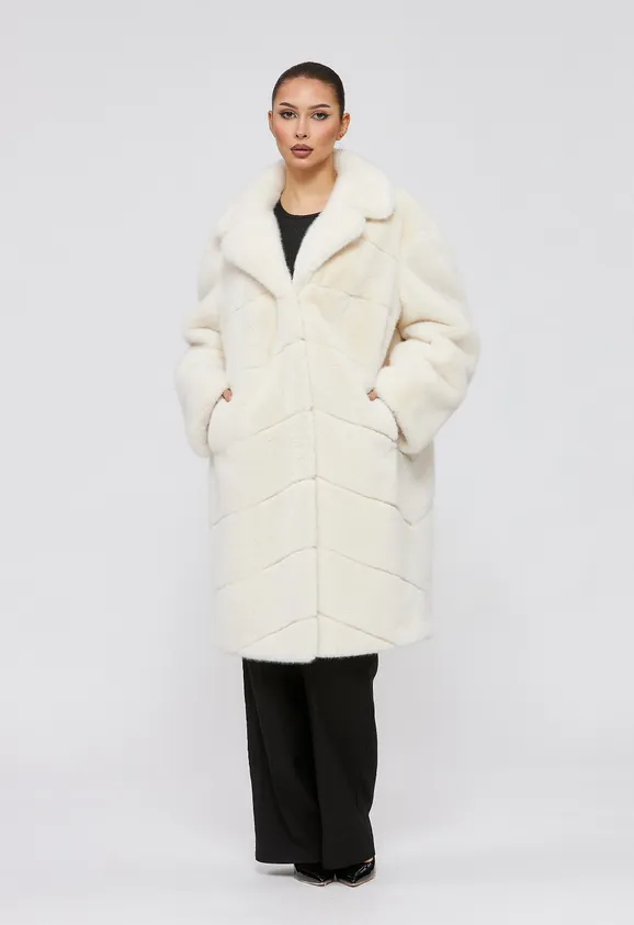 Фото Шуба из эко норки белая с английским воротником - 4