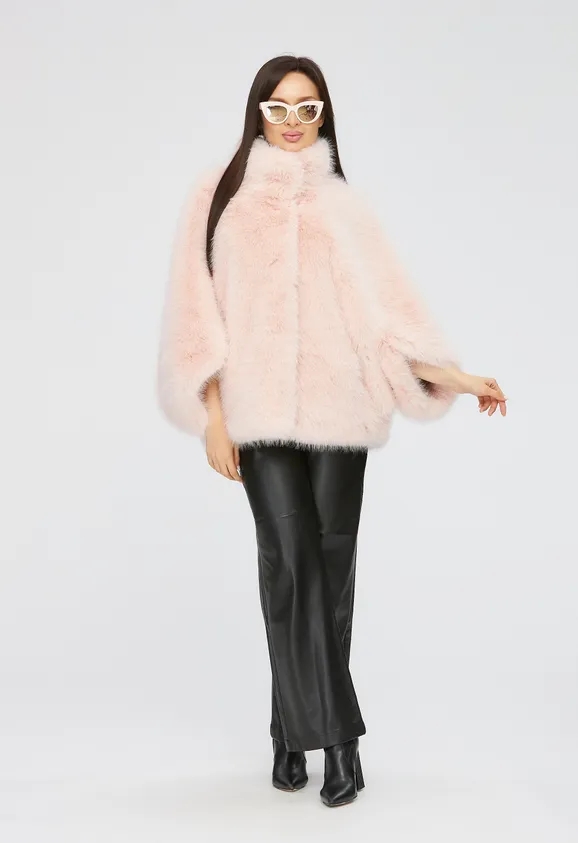 Фото Шуба из эко песца пудра с воротником стойка - 5