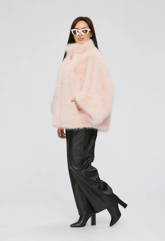 Фото Шуба из эко песца пудра с воротником стойка - 6