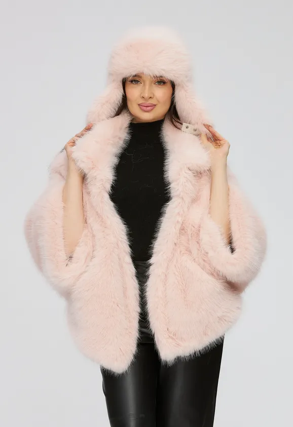 Фото Шуба из эко песца пудра с воротником стойка - 1