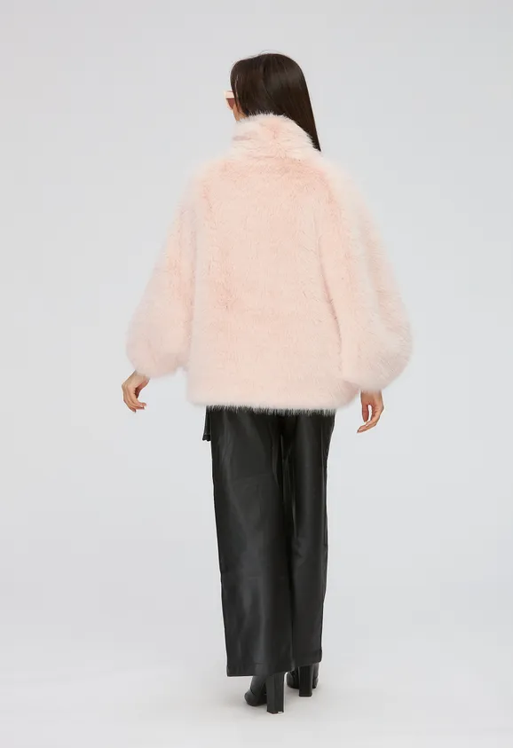 Фото Шуба из эко песца пудра с воротником стойка - 7