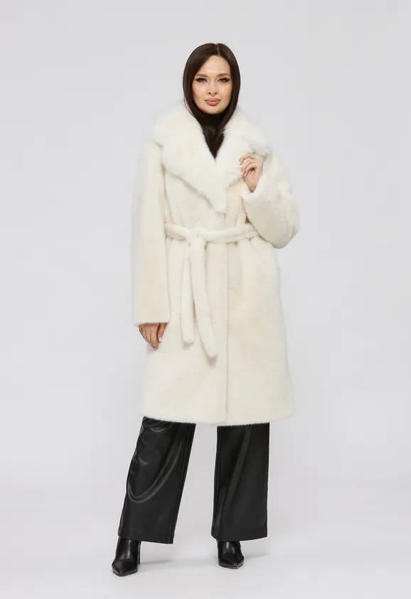 Фото Шуба из эко норки белая с английским воротником из белого эко песца - 1