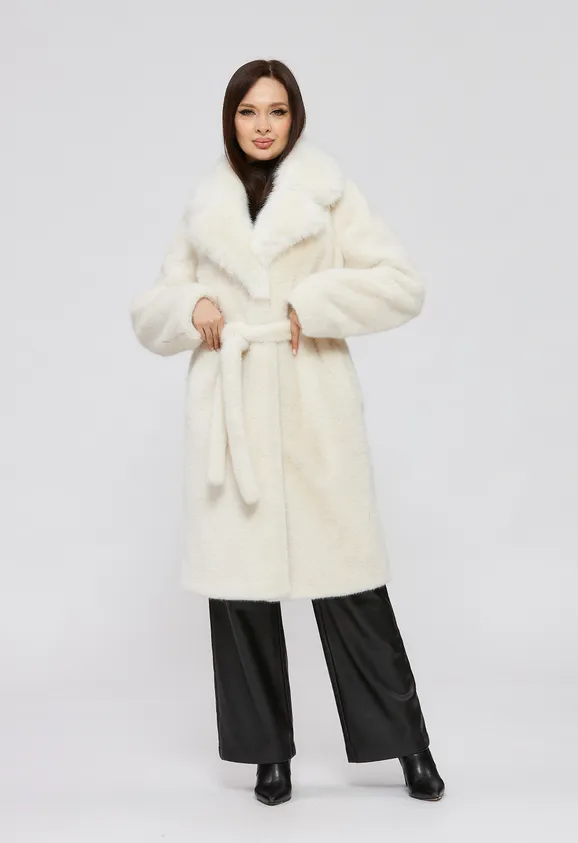 Фото Шуба из эко норки белая с английским воротником из белого эко песца - 7