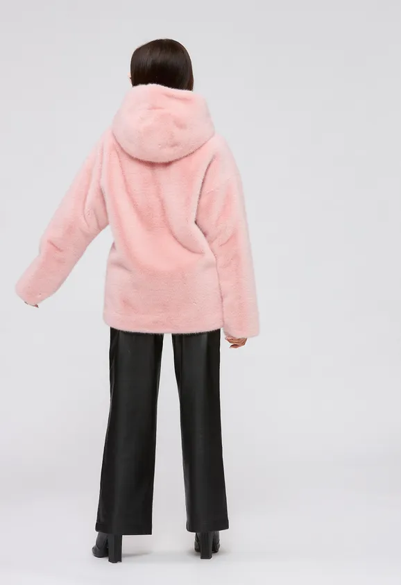 Фото Шуба из эко норки розовая с капюшоном - 6
