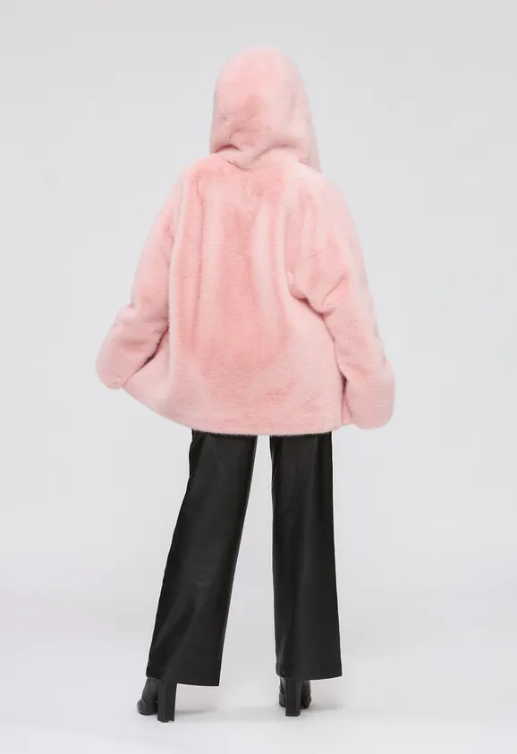 Фото Шуба из эко норки розовая с капюшоном - 8