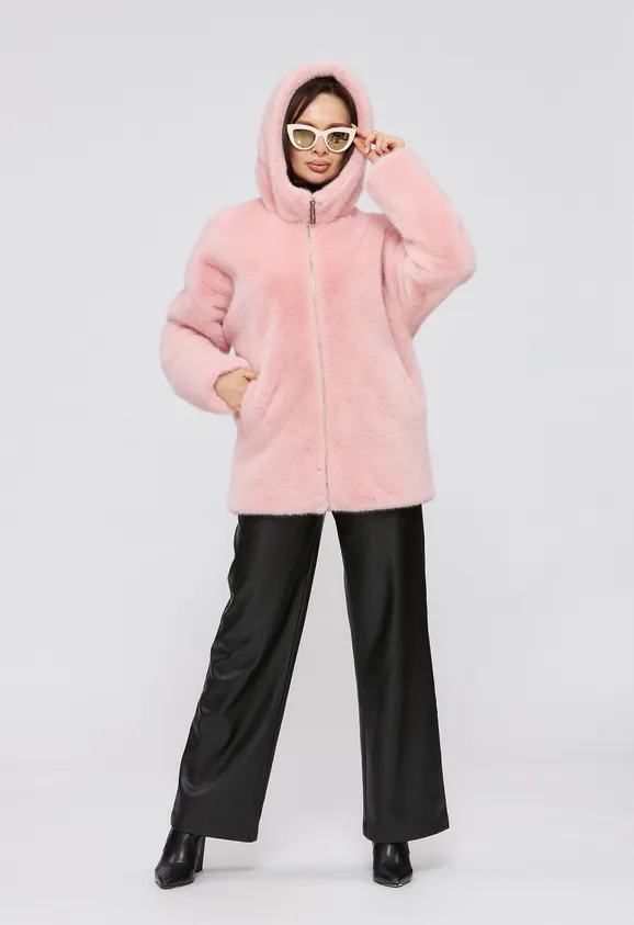 Фото Шуба из эко норки розовая с капюшоном - 5