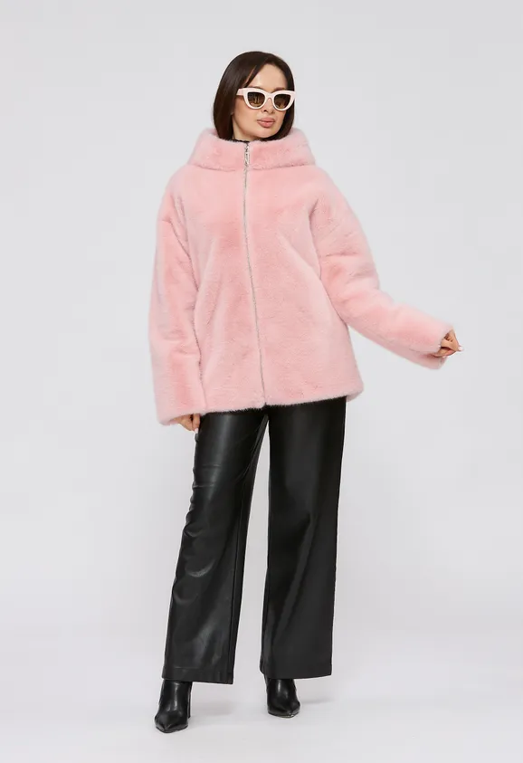 Фото Шуба из эко норки розовая с капюшоном - 10