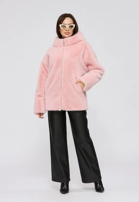 Фото Шуба из эко норки розовая с капюшоном - 9