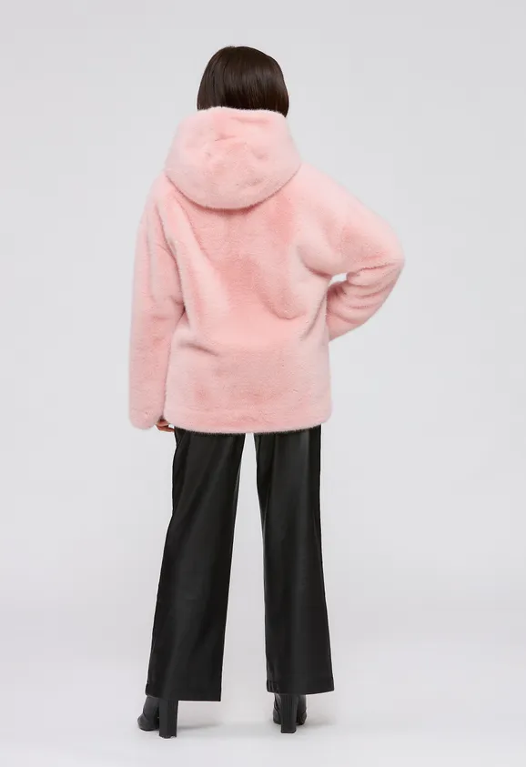 Фото Шуба из эко норки розовая с капюшоном - 3