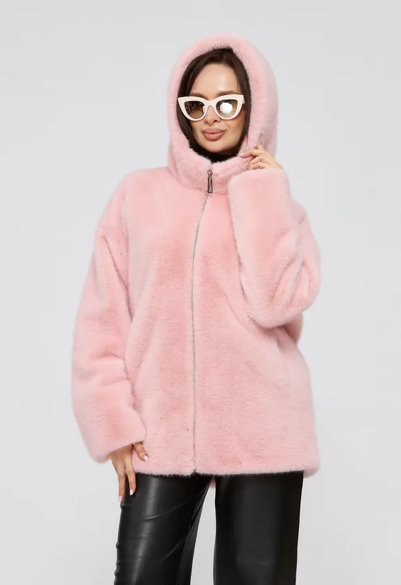 Фото Шуба из эко норки розовая с капюшоном - 1
