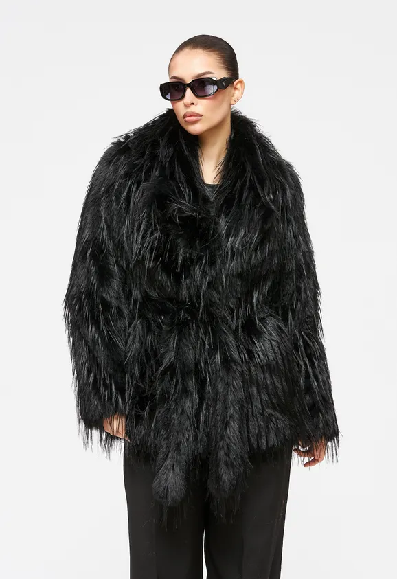 Фото Шуба из эко страуса черная с английским воротником - 7
