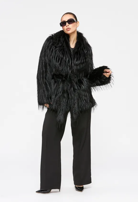 Фото Шуба из эко страуса черная с английским воротником - 3