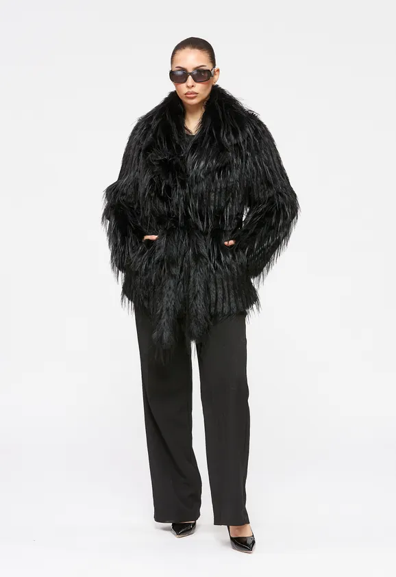 Фото Шуба из эко страуса черная с английским воротником - 2