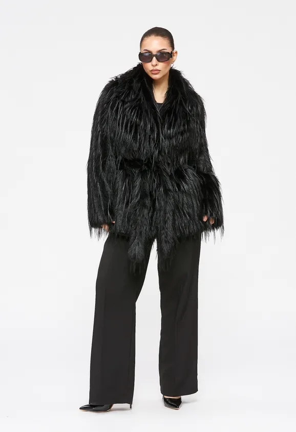 Фото Шуба из эко страуса черная с английским воротником - 4