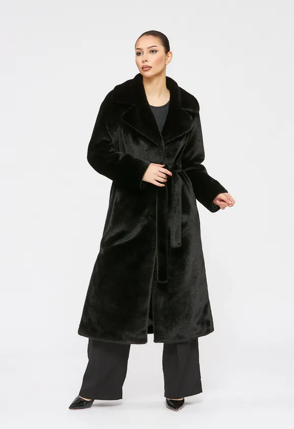 Фото Шуба из эко норки черная с английским воротником - 2