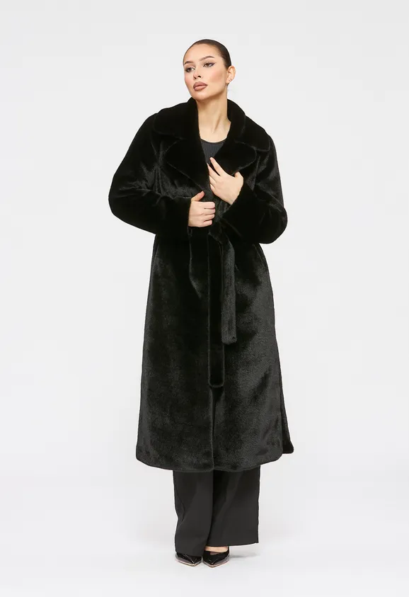 Фото Шуба из эко норки черная с английским воротником - 4