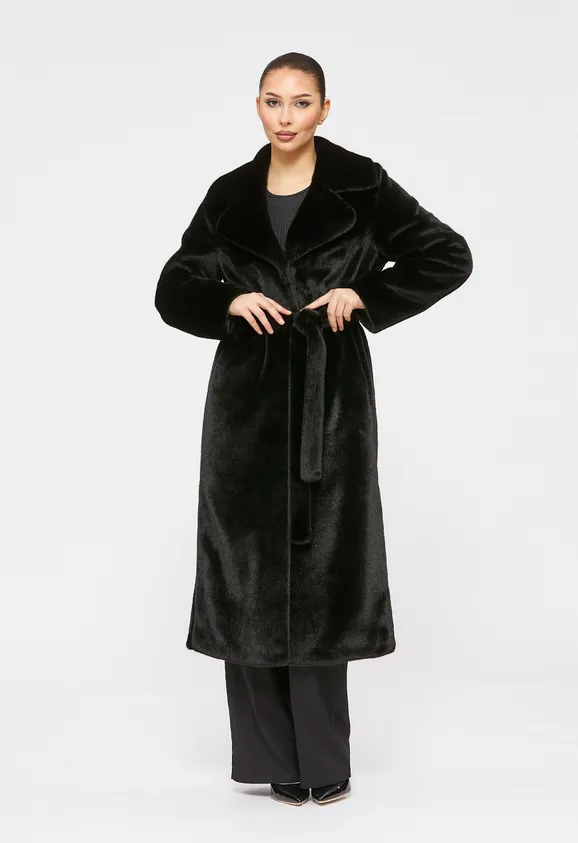 Фото Шуба из эко норки черная с английским воротником - 5