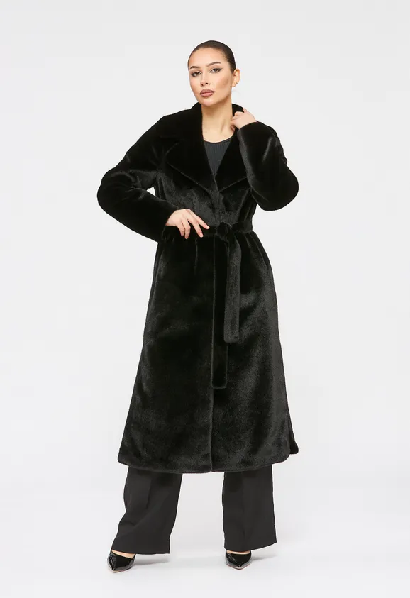 Фото Шуба из эко норки черная с английским воротником - 1