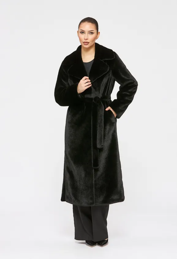 Фото Шуба из эко норки черная с английским воротником - 3