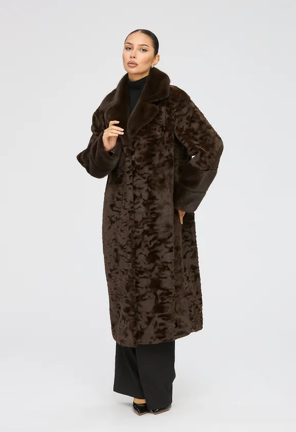 Фото Шуба из эко каракуля шоколад с английским воротником из эко норки - 5
