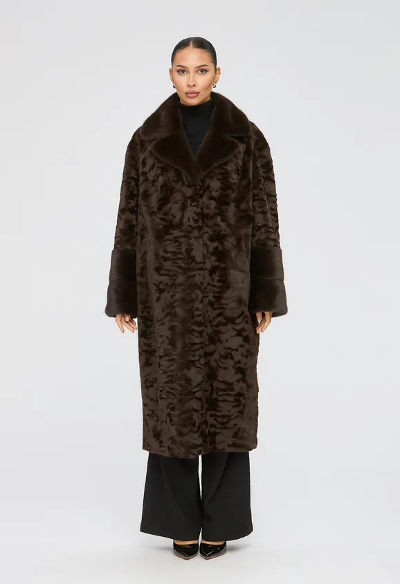 Фото Шуба из эко каракуля шоколад с английским воротником из эко норки - 2
