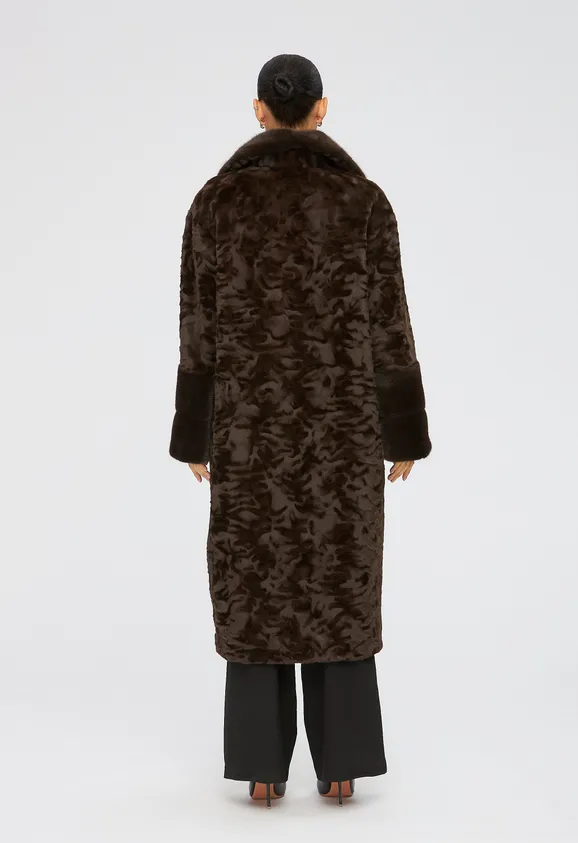 Фото Шуба из эко каракуля шоколад с английским воротником из эко норки - 6