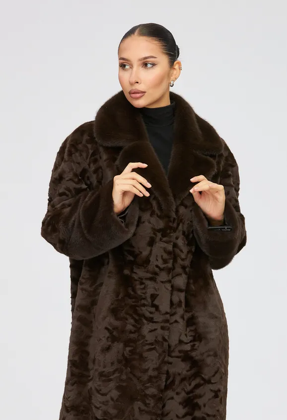 Фото Шуба из эко каракуля шоколад с английским воротником из эко норки - 1