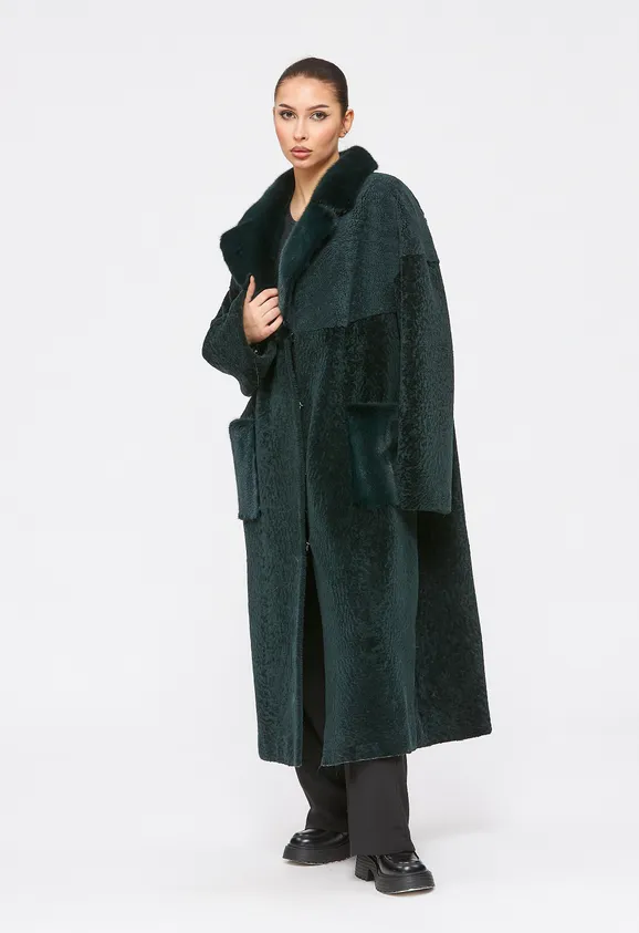 Фото Шуба из натурального астрагана изумруд с английским воротником из натуральной норки - 1