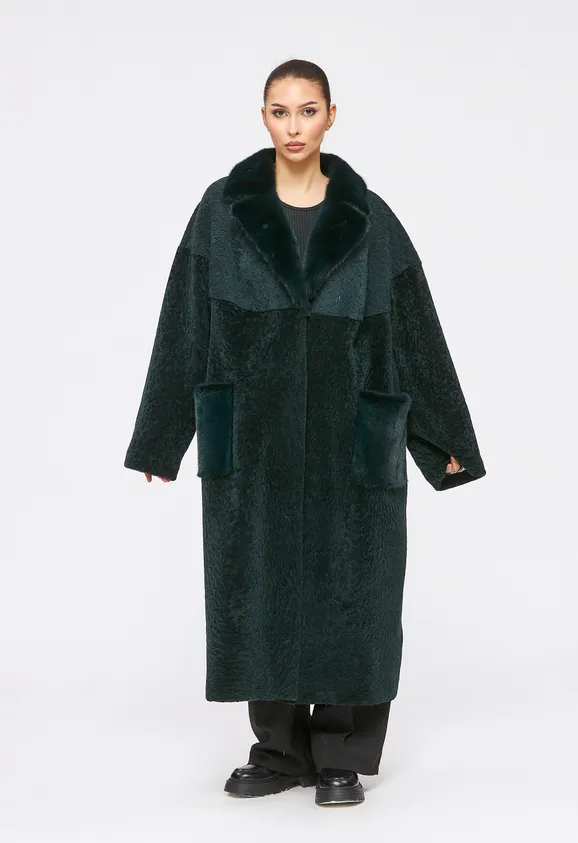 Фото Шуба из натурального астрагана изумруд с английским воротником из натуральной норки - 8