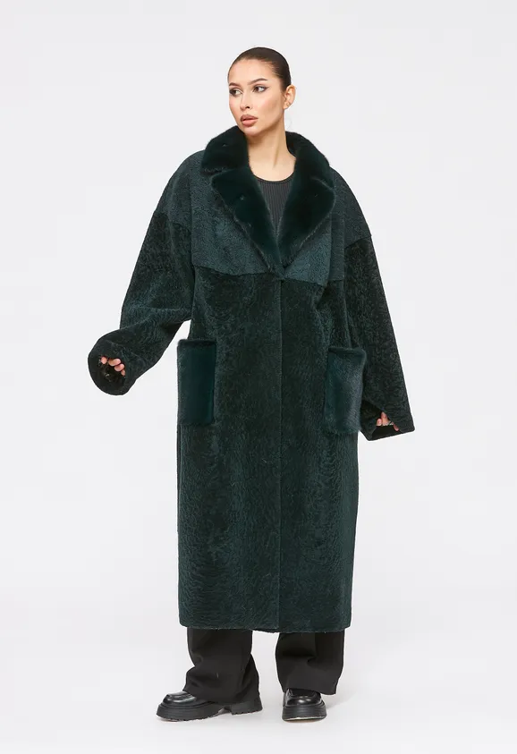 Фото Шуба из натурального астрагана изумруд с английским воротником из натуральной норки - 2