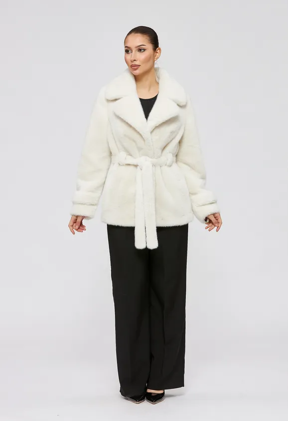 Фото Шуба из эко норки белая с английским воротником - 5
