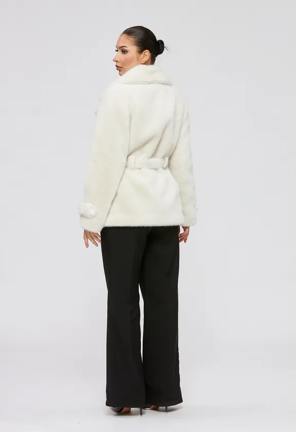 Фото Шуба из эко норки белая с английским воротником - 6