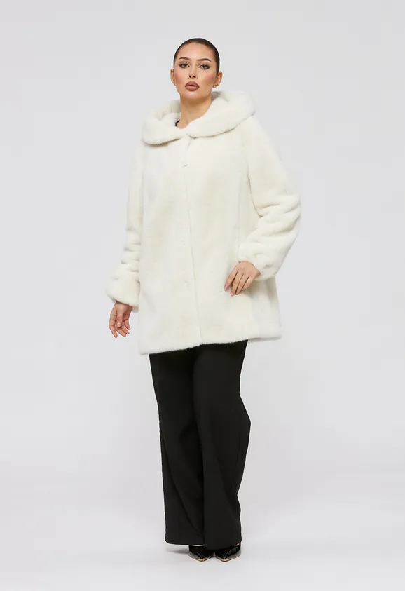 Фото Шуба из эко норки белая с капюшоном - 2