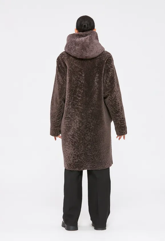 Фото Шуба из натурального астрагана керли мокко с капюшоном - 7