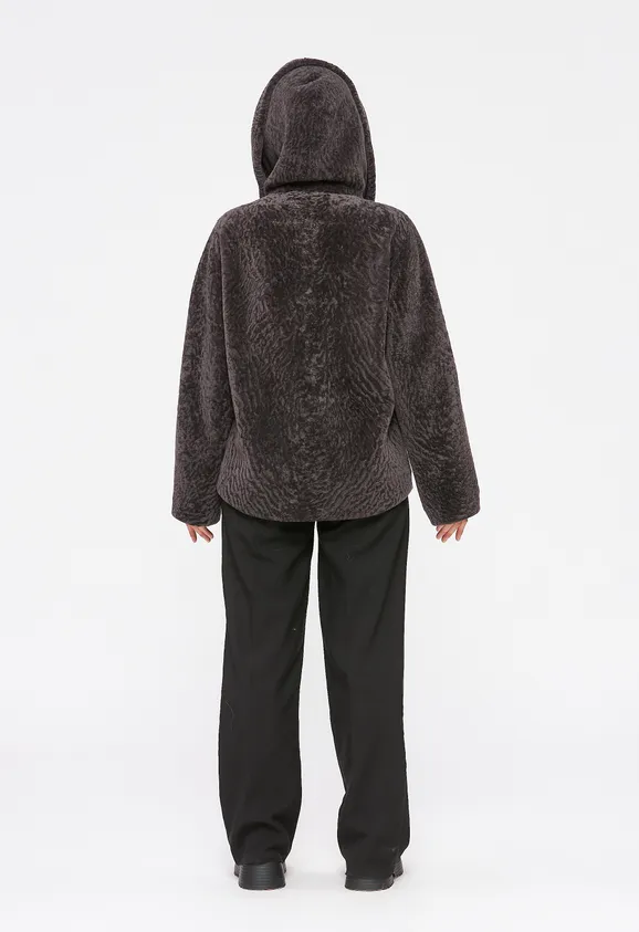 Фото Шуба из натурального астрагана мокко с капюшоном - 6