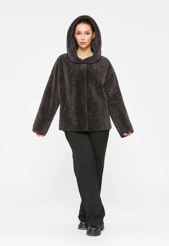 Фото Шуба из натурального астрагана мокко с капюшоном - 2