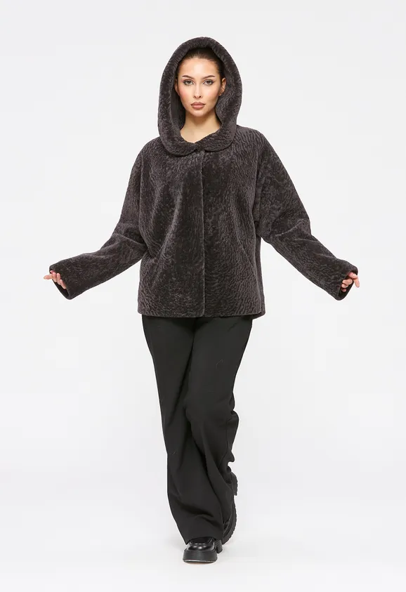 Фото Шуба из натурального астрагана мокко с капюшоном - 8