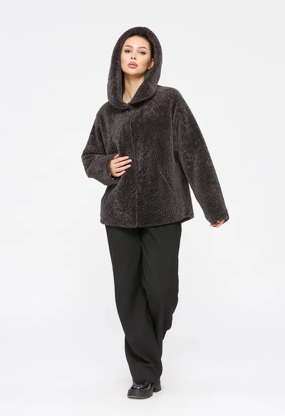 Фото Шуба из натурального астрагана мокко с капюшоном - 1