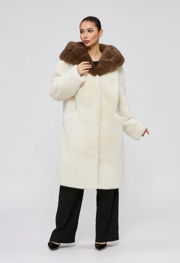 Фото Шуба из эко норки белая с капюшоном - 1
