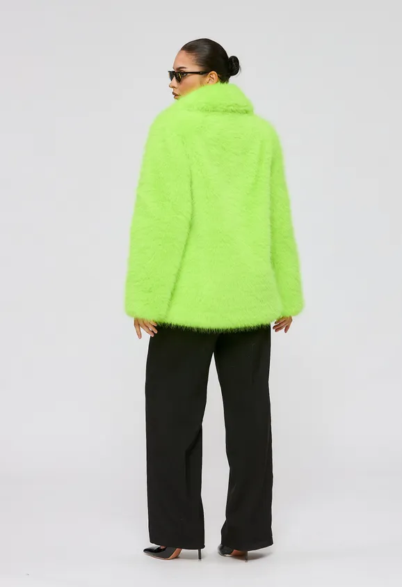 Фото Шуба из эко песца салатовая с английским воротником - 6