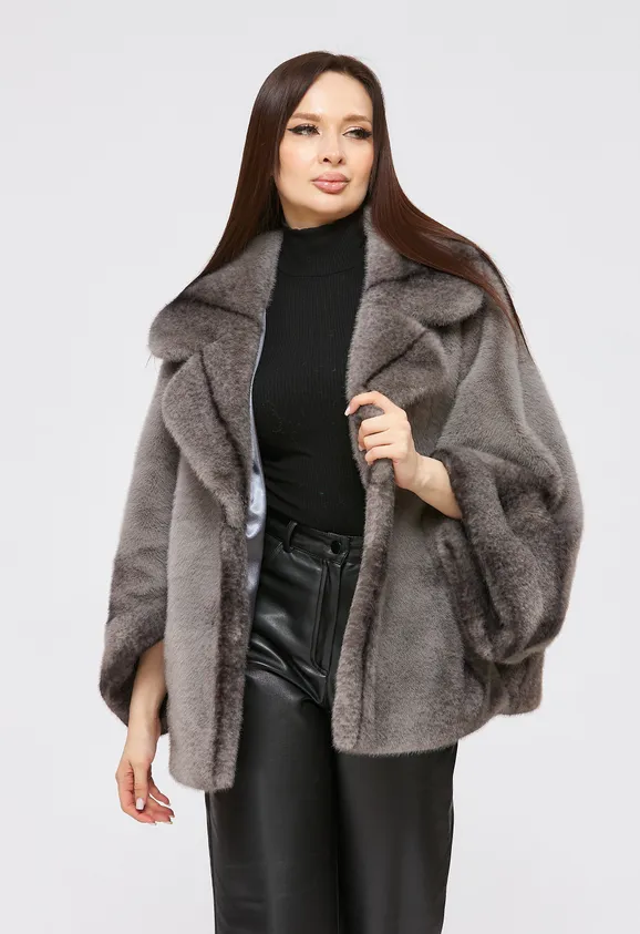 Фото Шуба из эко норки крестовка серая с воротником - 2